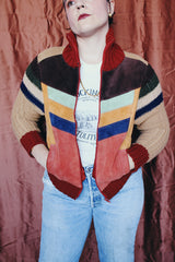 Women's vintage 1970's Organically Grown, Sweaters by Arpeja zip up sweater cardigan that is half knit acrylic and half genuine suede in multicolors.