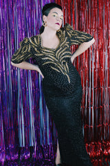 Women's vintage 1980's Mark & John by Sam, Made in India label long length short sleeve beaded and sequined dress in black and gold.
