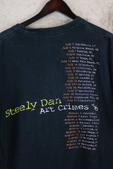 Women's or men's vintage 1996 Made in El Salvador label short sleeve black Steely Dan tour tee with multicolored graphic on front and back.