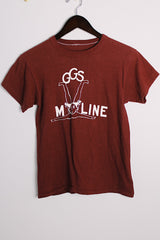 Women's or men's vintage 1970's short sleeve maroon colored tee with a white graphic on the front in a cotton and polyester material.