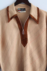 Women's or men's vintage 1960's Made in Italy Exclusively For Meier & Frank Company, Portland label long sleeve tan brown colored pullover sweater with a dagger collar and half front zipper closure.