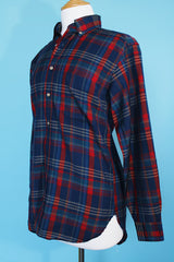 Men's vintage 1980's Pendleton, Sir Pendleton label long sleeve button up plaid shirt in a wool material. Red and navy colors with brown tortoise buttons.
