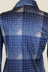 Men's or women's vintage 1970's Chemise Et Cie label long sleeve navy button up shirt with dagger collar and all over multi colored abstract print in slinky shiny polyester material.