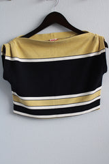 Women's vintage 1980's Smartee label capped sleeved short cropped top with a boat neck and has black, white, and beige stripes.