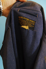 Men's vintage 1950's Shirt, Flying, Heavy, Type A-1A (Air Force) label long sleeve button up shacket in a chambray blue wool material.