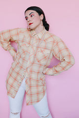 Men's or women's vintage 1970's long sleeve plaid print Western style shirt with pearl white snapper buttons and silver hardware. Light green, coral, yellow, and gold metallic colors.