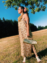 maxi length gold dress with gold metallic threaded pattern vintage 1960's