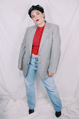 Men's or women's vintage 1970's Designed by Oleg Cassini label long sleeve light grey colored blazer with button closure and front pockets.