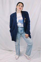 Men's or women's vintage 1960's Varsity-Town Clothes, Meier & Frank Co., Portland, OR long sleeve navy blue pin striped double breasted wool material blazer.