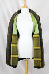 Men's or women's vintage 1970's The Country Coat, Sears The Men's Store label long sleeve dark brown colored jacker in corduroy material with double lapel and leather buttons.