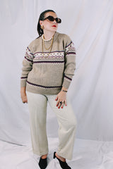 Women's or men's vintage 1980's Norsewear, Made in New Zealand label long sleeve pullover sweater in a tan brown color with abstract print across chest.
