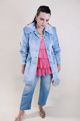 Women's vintage 1970's long sleeve long length pale blue crushed velvet jacket. Puff sleeves and matching tie belt.