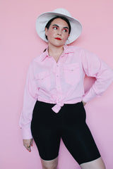 Men's or women's vintage 1970's Rockmount Ranch Wear, Denver CO, Custom Fitted, Made in USA label long sleeve baby pink western style shirt with pearly white silver popper buttons.