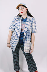 Women's vintage 1980's Requirements label short sleeve lightweight plaid print blazer in cream, white, and navy blue.