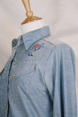 Women's vintage 1970's Sears JR Bazaar label long sleeve button up top in blue denim chambray.