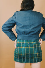 Men's vintage 1950's FLYVAPNET Nr. 48 size small Swedish Air Force cropped long sleeve wool jacket in navy blue that looks like denim.