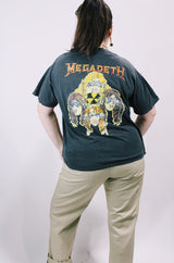 Men's or women's vintage 1991 The Brockum Group, Made in USA label black short sleeve Megadeth band tee with multicolored graphic on front and back.