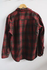 Men's vintage 1960's Towncraft, Penneys, Made in Japan label size medium long sleeve button up wool shirt. All over red and brown plaid print. Two chest pockets.