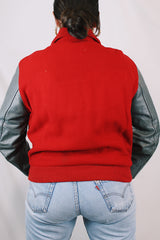 Men's or women's vintage 1960's Dick Longtin's Sports Huddle label long sleeve leather and wool zip up varsity letterman jacket in grey and red with pockets and nylon liner.
