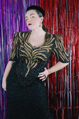 Women's vintage 1980's Mark & John by Sam, Made in India label long length short sleeve beaded and sequined dress in black and gold.