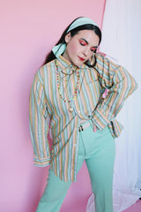 Men's or women's vintage 1960's The Crescent Spokane, Gant Shirtmakers label long sleeve cotton material button up shirt with yellow, green, and peach vertical stripes.
