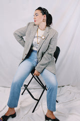 Men's or women's vintage 1960's Nordstrom, Harris Tweed, Tailored in the USA label long sleeve grey colored wool blazer with front pockets and partial lining.