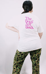 Women's or men's vintage 1990's Fruit of the Loom, Made in USA label short sleeve white Sawyer Brown band tee with multicolored graphic and text on front and back.