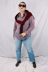 Men's or women's vintage 1970's Arrow Knits label long sleeve button up shirt with dagger collar and chest pocket. Polyester material in white with all over maroon colored print.
