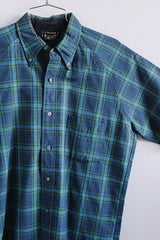 Men's vintage 1960's Penneys, Made in Japan label short sleeve button up shirt with collar in navy blue with all over blue and green plaid print.