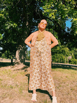 maxi length gold dress with gold metallic threaded pattern vintage 1960's