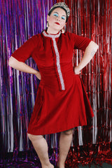 Women's vintage 1970's short sleeve mini length red velvet shift dress.