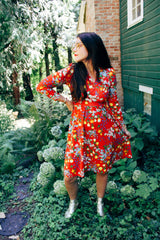 Long Sleeve Floral Printed Midi Dress with V Neck