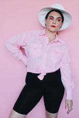 Men's or women's vintage 1970's Rockmount Ranch Wear, Denver CO, Custom Fitted, Made in USA label long sleeve baby pink western style shirt with pearly white silver popper buttons.