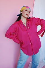Men's or women's vintage 1970's Manhattan, Dura Brite, Torque label long sleeve hot pink button up shirt with dagger collar and clear buttons.