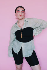 Men's or women's vintage 1960's Ivy Traditionals, Campus label long sleeve green plaid button up shirt with clear buttons, one left chest pocket in a cotton and polyester blend material.