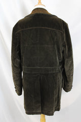 Men's or women's vintage 1970's The Country Coat, Sears The Men's Store label long sleeve dark brown colored jacker in corduroy material with double lapel and leather buttons.