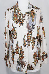 Women's vintage 1970's matching novelty print sleeveless tank top and button up blouse with dagger collar. All over novelty print in white and brown colors.