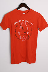 Women's or men's vintage 1970's Sport-T by Stedman label short sleeve red tee with white and black graphic on front and back in a polyester and cotton material.