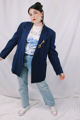 Men's or women's vintage 1960's Varsity-Town Clothes, Meier & Frank Co., Portland, OR long sleeve navy blue pin striped double breasted wool material blazer.