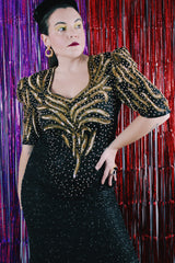 Women's vintage 1980's Mark & John by Sam, Made in India label long length short sleeve beaded and sequined dress in black and gold.