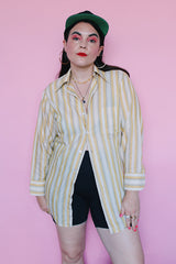 Men's or women's vintage 1960's Kent Collection by Arrow label long sleeve button up shirt with yellow, cream, and grey vertical stripes.