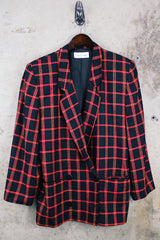 Women's vintage 1980's Casual Corner, Made in USA label black, red, and yellow tartan plaid double breasted blazer.