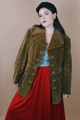 Men's or women's vintage 1970's Towncraft, Penneys, Made in Yugoslavia label size large long sleeve brown colored corduroy pea coat with button closure and pockets.