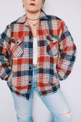 Men's or women's vintage 1970's Stage 2 label size large long sleeve button up shacket in red and blue plaid print. Fleece liner.