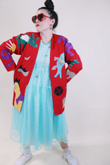 Women's vintage 1980's Mr. Girasol, Made in Mexico label long sleeve open front lightweight jacket in red with all over multicolored animals.