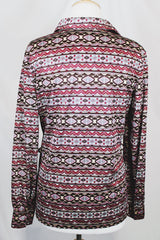 Women's vintage 1970's Loubella Extendables Inc. California label long sleeve printed blouse with a half button closure and dagger collar