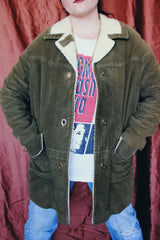 Men's or women's vintage 1950's Chumley Sport Shop, Charles F. Berg label long sleeve army green velvet PVC coat with cream shearling liner