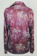 Men's or women's vintage 1970's long sleeve maroon colored button up shirt with all over multi colored abstract print in slinky polyester material.