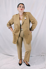Men's or women's vintage 1970's Sax Overseas, Specially Made For Mr. R. E. Bankhead long sleeve beige colored double breasted blazer with thin pin stripes throughout.