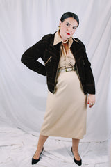 Men's or women's vintage 1970's long sleeve short length chocolate brown jacket in a fuzzy soft suede material. Gold hardware, zipper up the front, contrast stitching, and dagger collar.